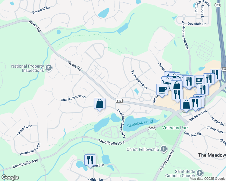 map of restaurants, bars, coffee shops, grocery stores, and more near 4532 Beacon Hill Drive in Williamsburg