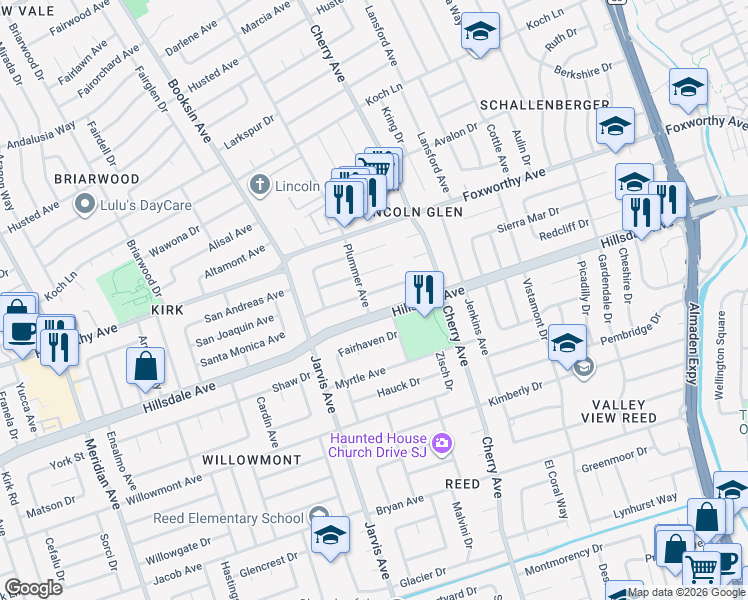 map of restaurants, bars, coffee shops, grocery stores, and more near 1454 Blackstone Avenue in San Jose