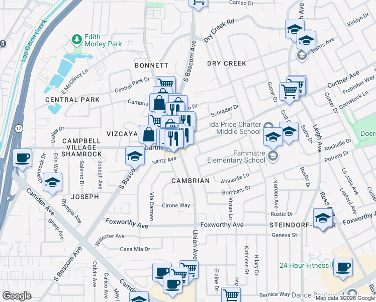 map of restaurants, bars, coffee shops, grocery stores, and more near 2751 Nicholas Drive in San Jose