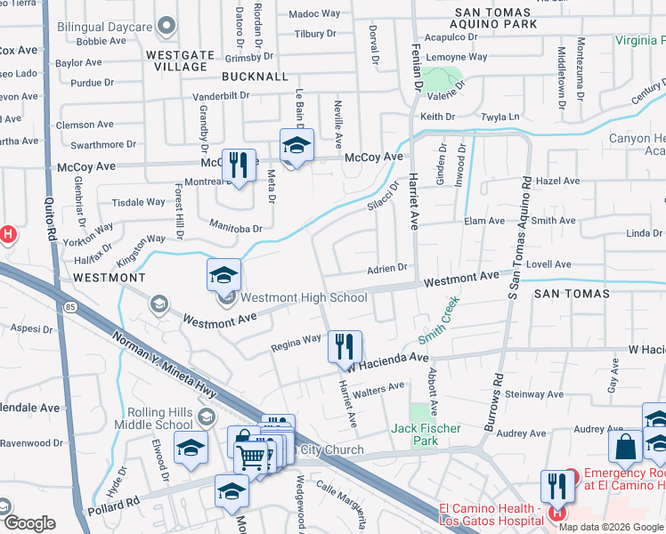 map of restaurants, bars, coffee shops, grocery stores, and more near 1676 Adrien Drive in Campbell