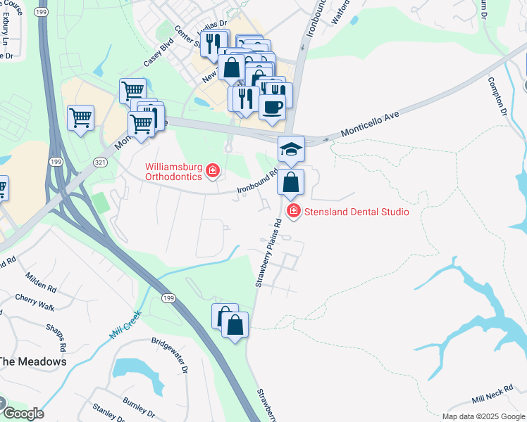 map of restaurants, bars, coffee shops, grocery stores, and more near 4006 Governors Square in Williamsburg