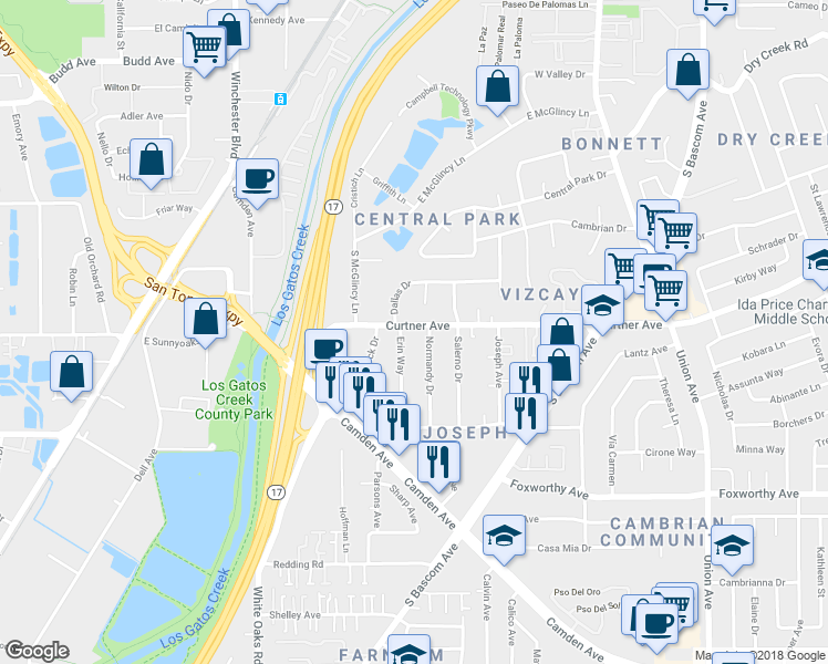 map of restaurants, bars, coffee shops, grocery stores, and more near 364 Curtner Avenue in Campbell