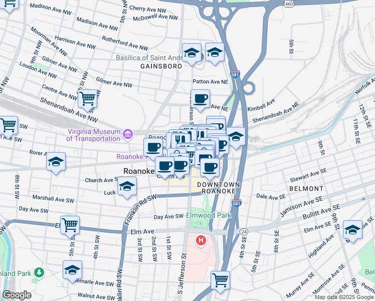 map of restaurants, bars, coffee shops, grocery stores, and more near 101 South Jefferson Street in Roanoke