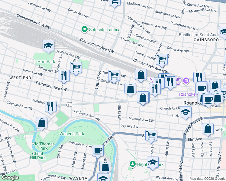 map of restaurants, bars, coffee shops, grocery stores, and more near in Roanoke