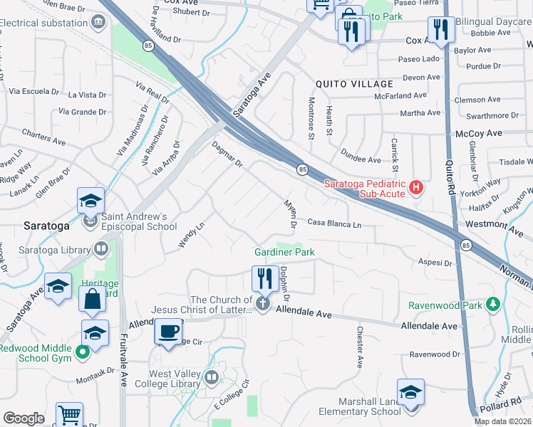 map of restaurants, bars, coffee shops, grocery stores, and more near 13525 Holiday Drive in Saratoga