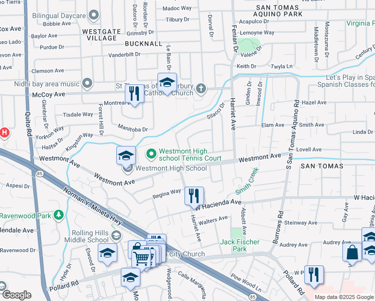map of restaurants, bars, coffee shops, grocery stores, and more near 1676 Adrien Drive in Campbell