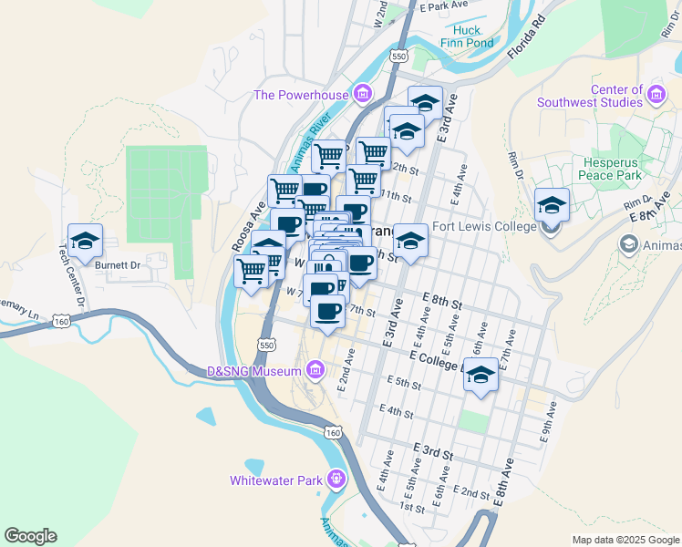 map of restaurants, bars, coffee shops, grocery stores, and more near 801 Main Avenue in Durango