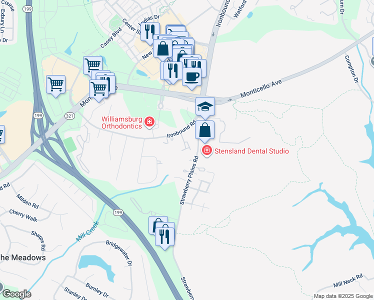 map of restaurants, bars, coffee shops, grocery stores, and more near 4008 Governors Square in Williamsburg