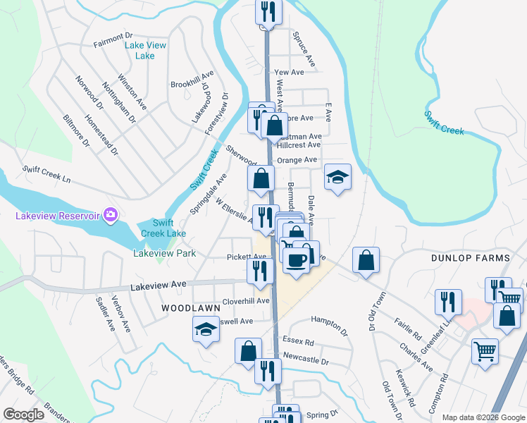 map of restaurants, bars, coffee shops, grocery stores, and more near 3210 Boulevard in Colonial Heights