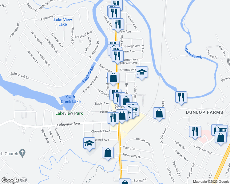 map of restaurants, bars, coffee shops, grocery stores, and more near 3210 Boulevard in Colonial Heights