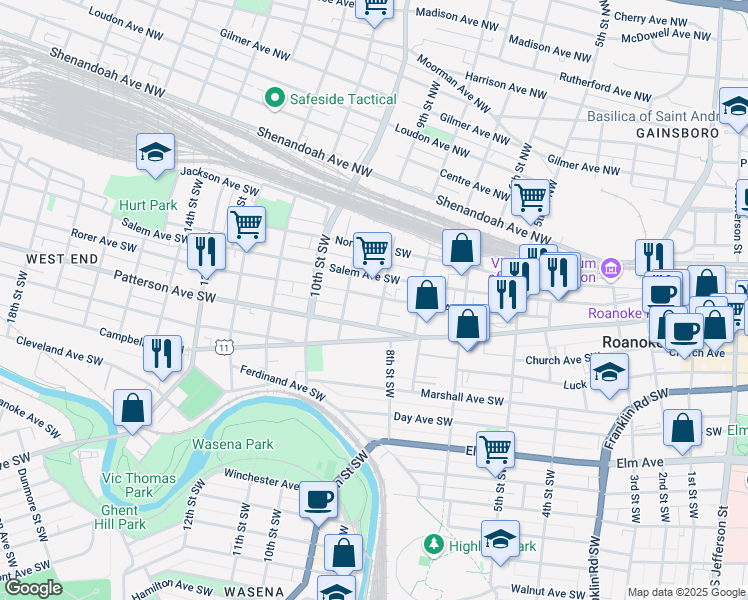map of restaurants, bars, coffee shops, grocery stores, and more near 806 Rorer Avenue Southwest in Roanoke