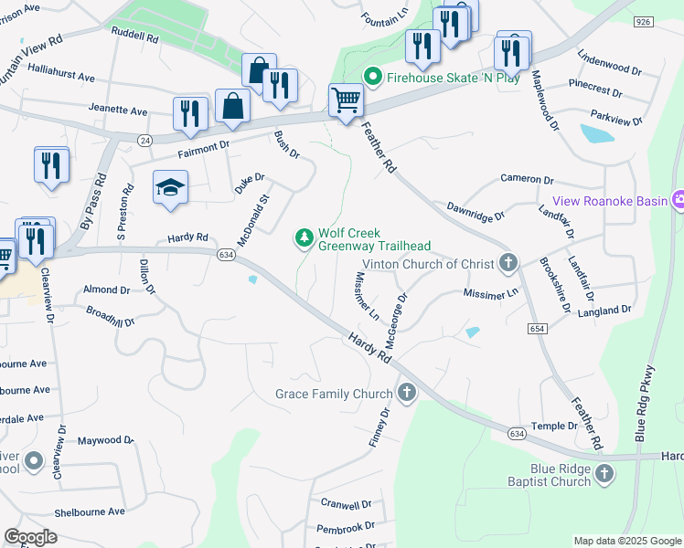 map of restaurants, bars, coffee shops, grocery stores, and more near 551 Deer Ridge Lane in Vinton