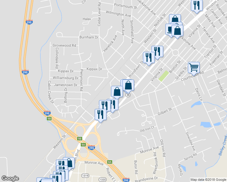 map of restaurants, bars, coffee shops, grocery stores, and more near 903 Cedar Level Road in Hopewell