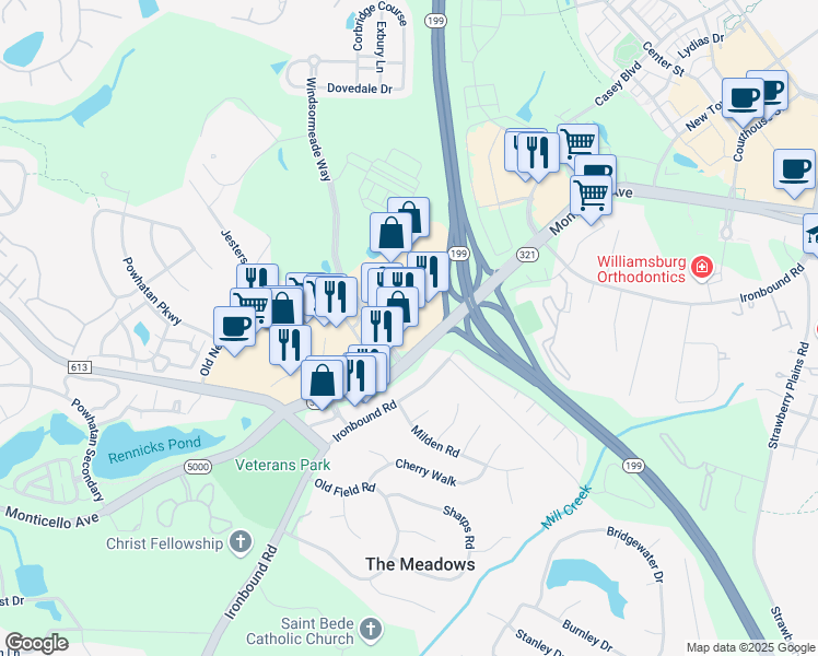 map of restaurants, bars, coffee shops, grocery stores, and more near 4950 Monticello Avenue in Williamsburg