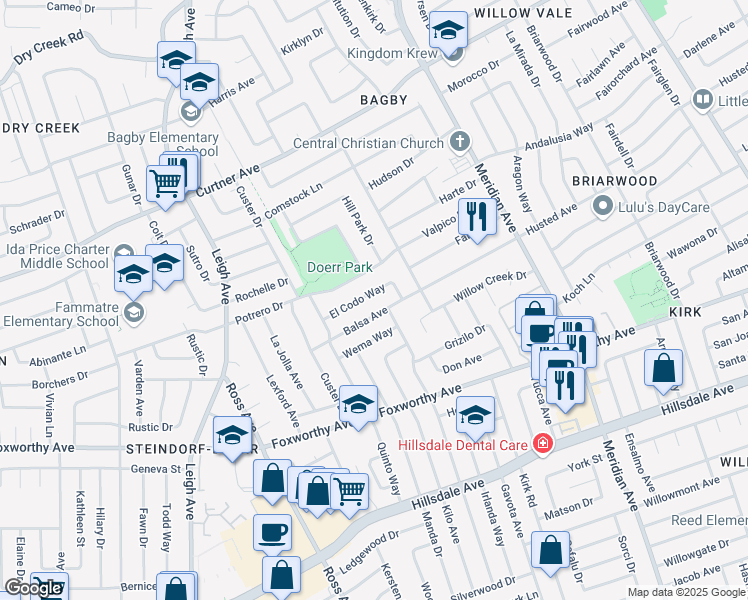map of restaurants, bars, coffee shops, grocery stores, and more near 1762 El Codo Way in San Jose