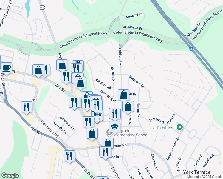 map of restaurants, bars, coffee shops, grocery stores, and more near 407 Musket Drive in Williamsburg