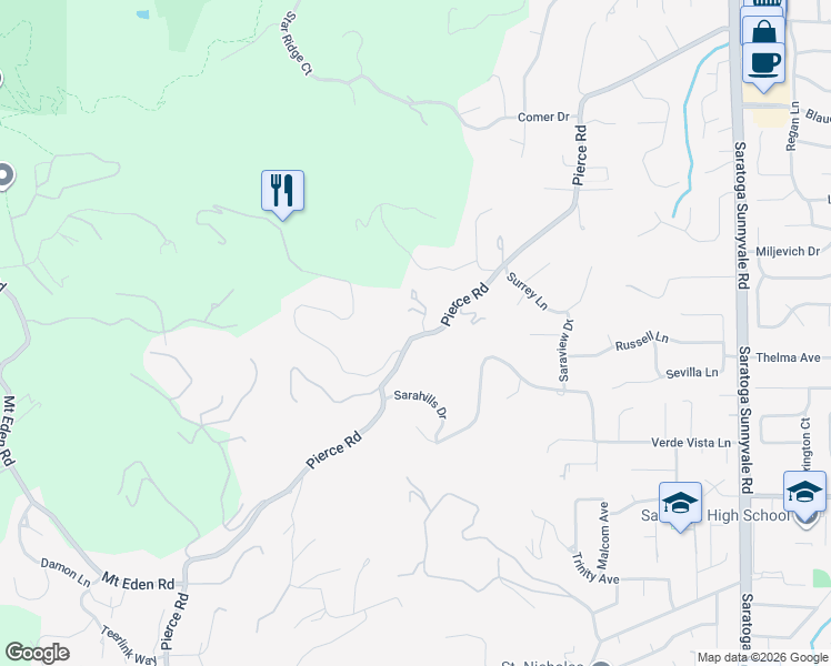 map of restaurants, bars, coffee shops, grocery stores, and more near 13471 Pierce Road in Saratoga