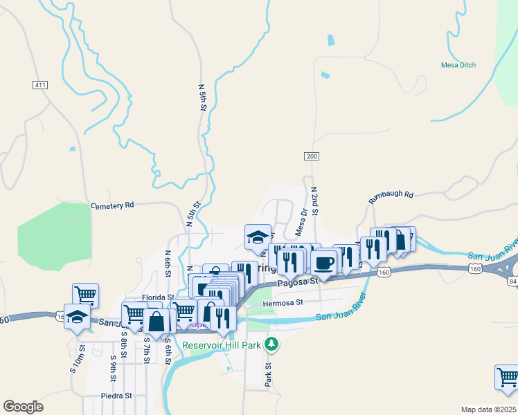 map of restaurants, bars, coffee shops, grocery stores, and more near 319 3rd Street in Pagosa Springs