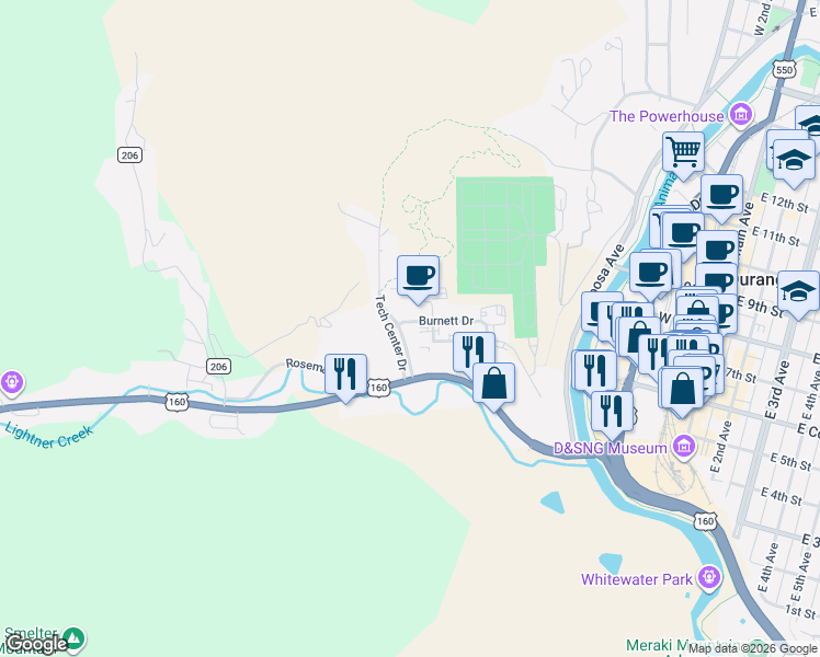 map of restaurants, bars, coffee shops, grocery stores, and more near 710 Tech Center Drive in Durango