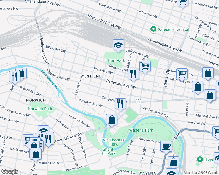 map of restaurants, bars, coffee shops, grocery stores, and more near 1426 Chapman Avenue Southwest in Roanoke
