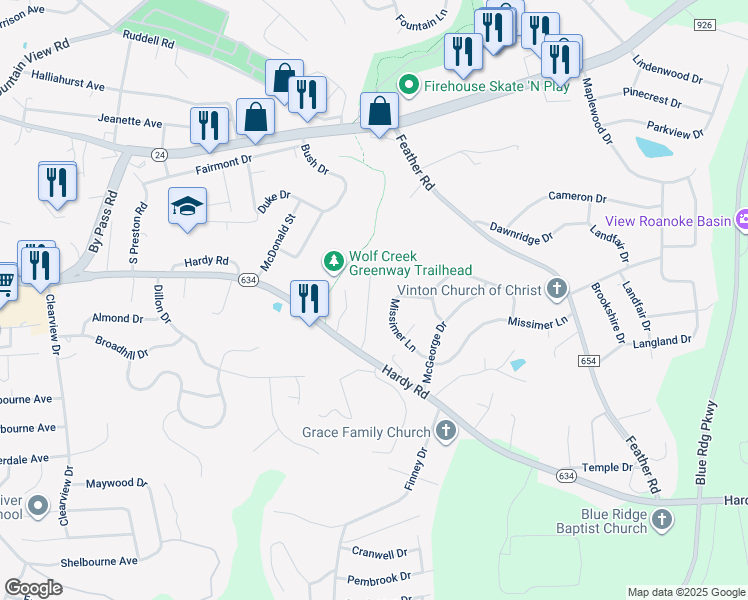 map of restaurants, bars, coffee shops, grocery stores, and more near 551 Deer Ridge Lane in Vinton