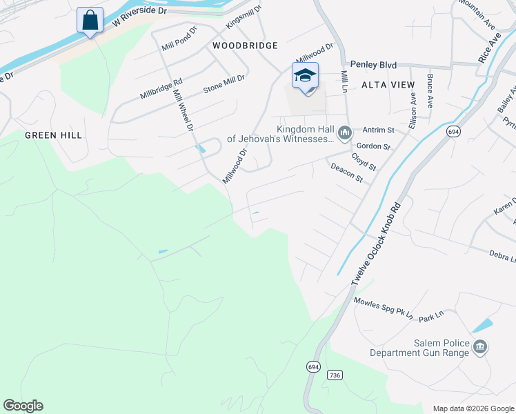 map of restaurants, bars, coffee shops, grocery stores, and more near 2601 Russlen Drive in Salem