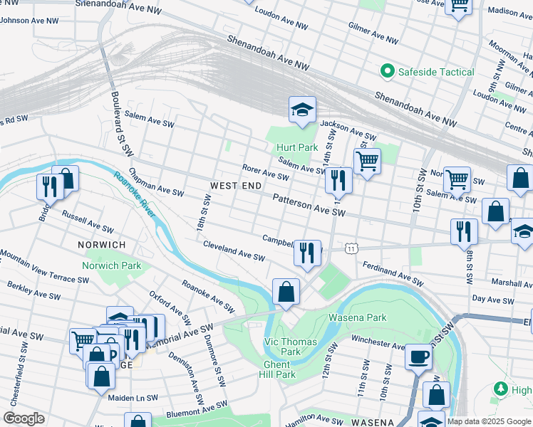 map of restaurants, bars, coffee shops, grocery stores, and more near 1521 Chapman Avenue Southwest in Roanoke