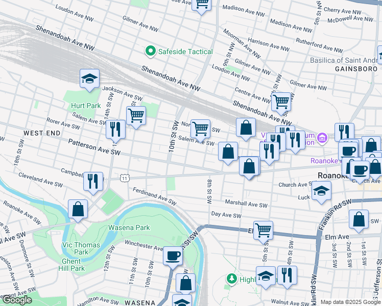 map of restaurants, bars, coffee shops, grocery stores, and more near 901 Patterson Avenue Southwest in Roanoke