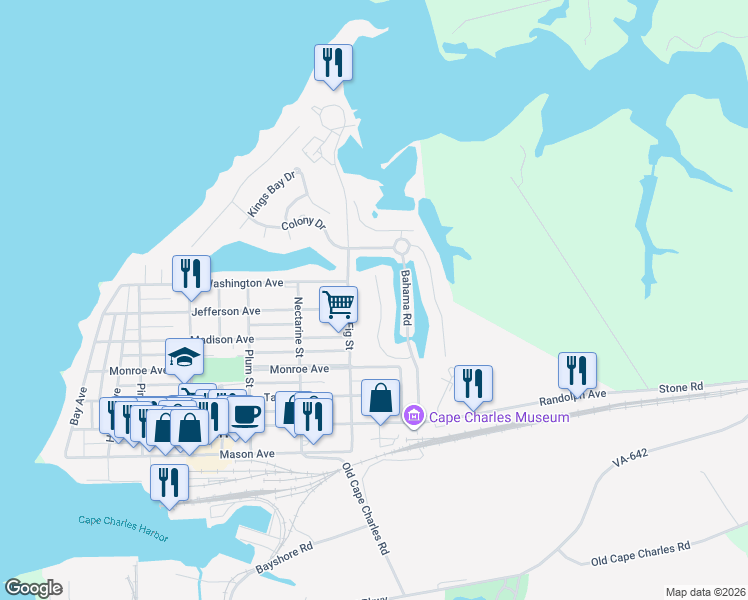 map of restaurants, bars, coffee shops, grocery stores, and more near 19 Charles Towne Drive in Cape Charles