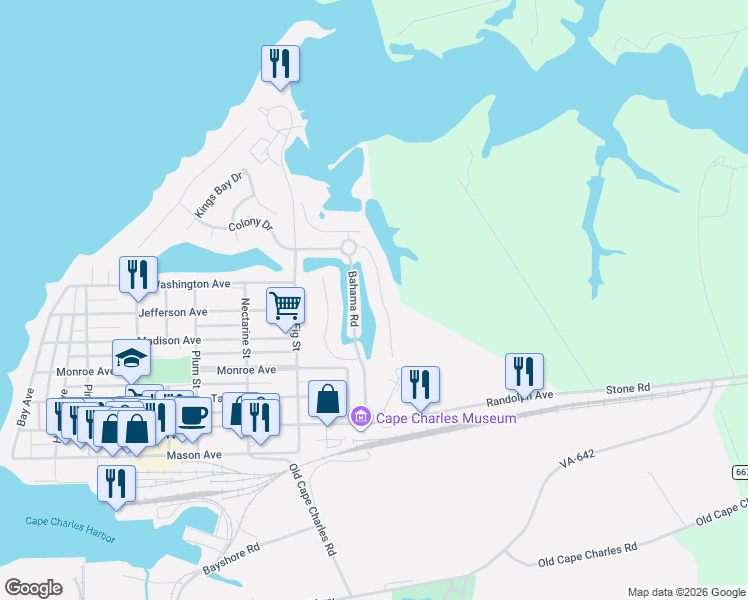 map of restaurants, bars, coffee shops, grocery stores, and more near 22 Bridgeton Drive in Cape Charles