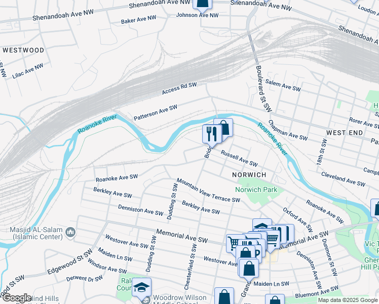 map of restaurants, bars, coffee shops, grocery stores, and more near 2432 Penn Street Southwest in Roanoke