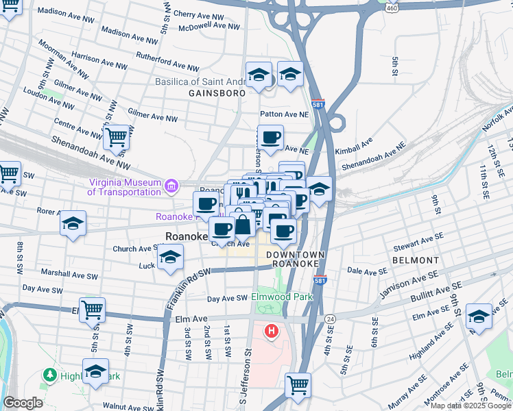 map of restaurants, bars, coffee shops, grocery stores, and more near 2 Salem Avenue Southwest in Roanoke