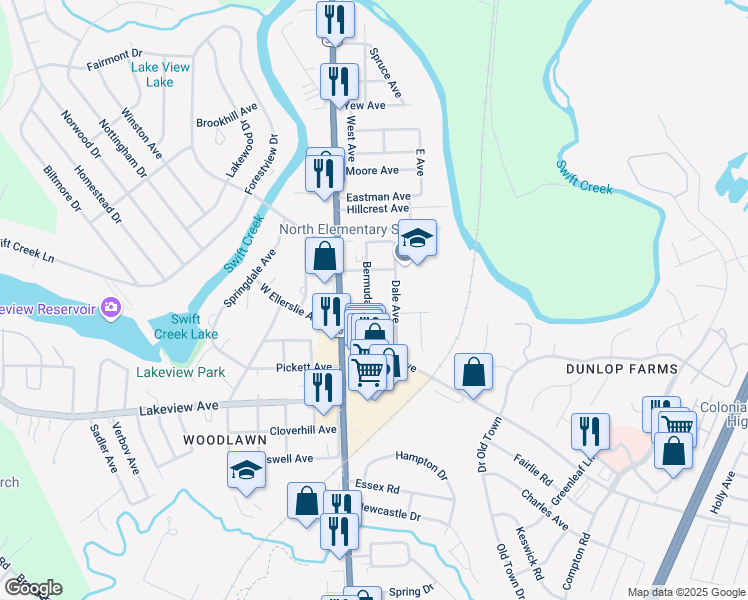 map of restaurants, bars, coffee shops, grocery stores, and more near 3207 Bermuda Avenue in Colonial Heights