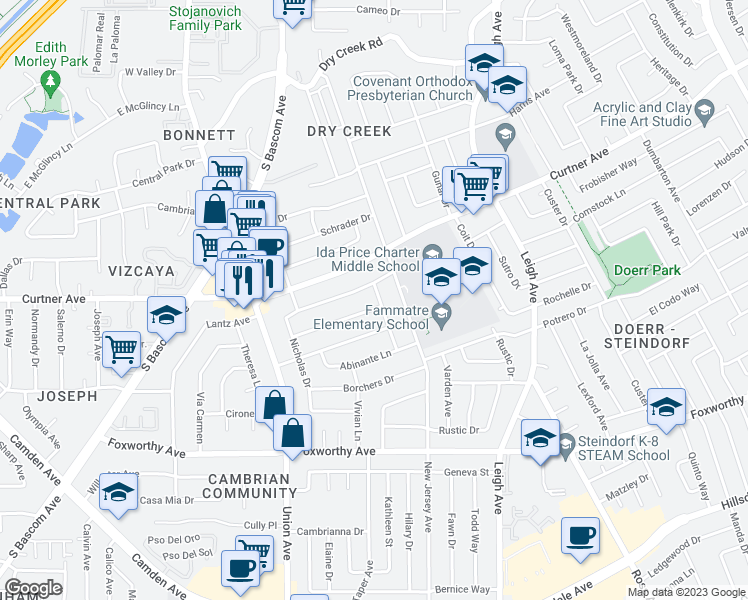 map of restaurants, bars, coffee shops, grocery stores, and more near 2685 Evora Drive in San Jose