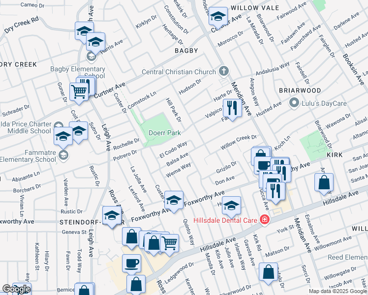 map of restaurants, bars, coffee shops, grocery stores, and more near 1758 El Codo Way in San Jose