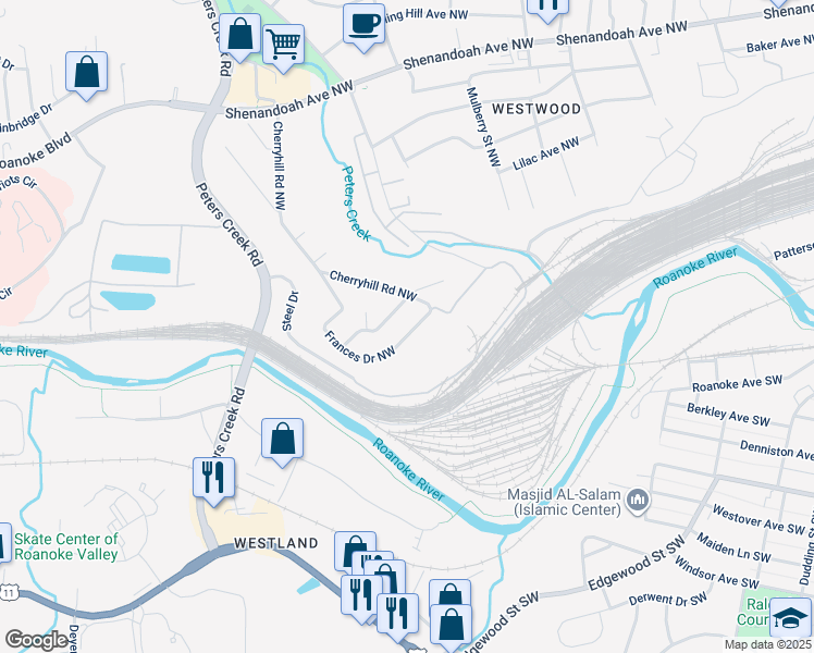 map of restaurants, bars, coffee shops, grocery stores, and more near 23 Frances Drive Northwest in Roanoke