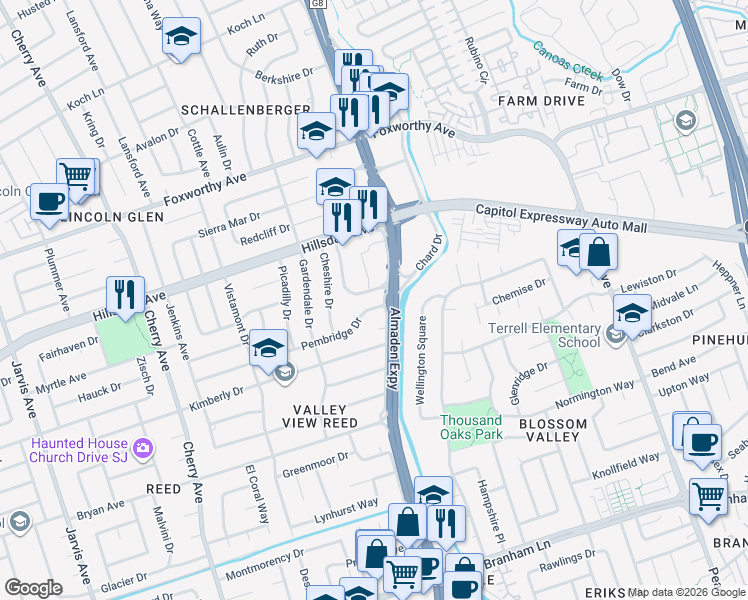 map of restaurants, bars, coffee shops, grocery stores, and more near 1118 Pembridge Drive in San Jose