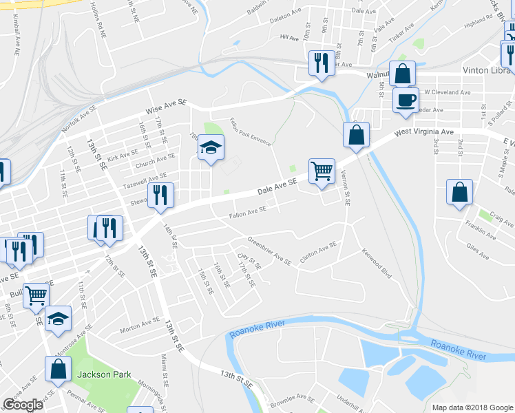 map of restaurants, bars, coffee shops, grocery stores, and more near 2028 Fallon Avenue Southeast in Roanoke