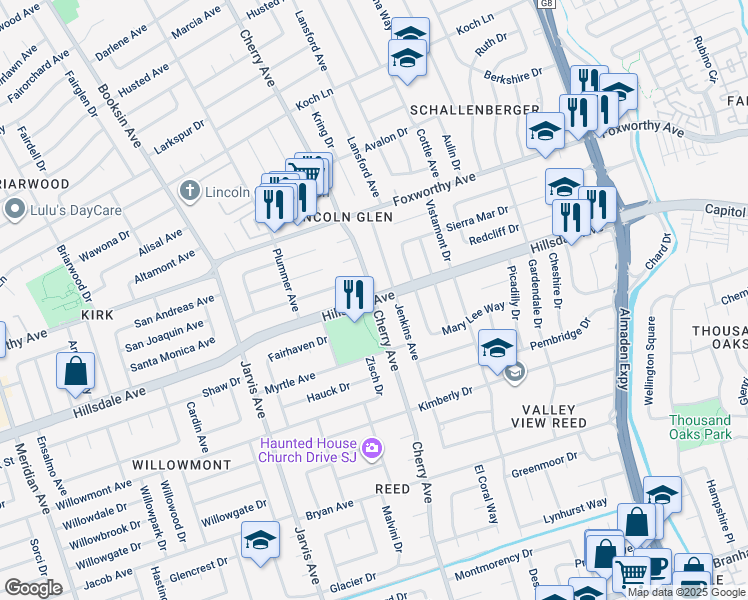 map of restaurants, bars, coffee shops, grocery stores, and more near 1426 Hillsdale Avenue in San Jose