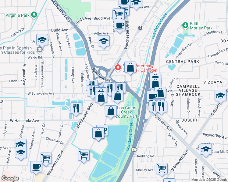 map of restaurants, bars, coffee shops, grocery stores, and more near 155 East Sunnyoaks Avenue in Campbell