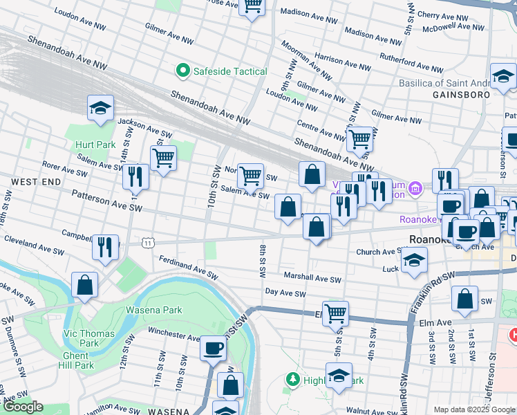 map of restaurants, bars, coffee shops, grocery stores, and more near in Roanoke