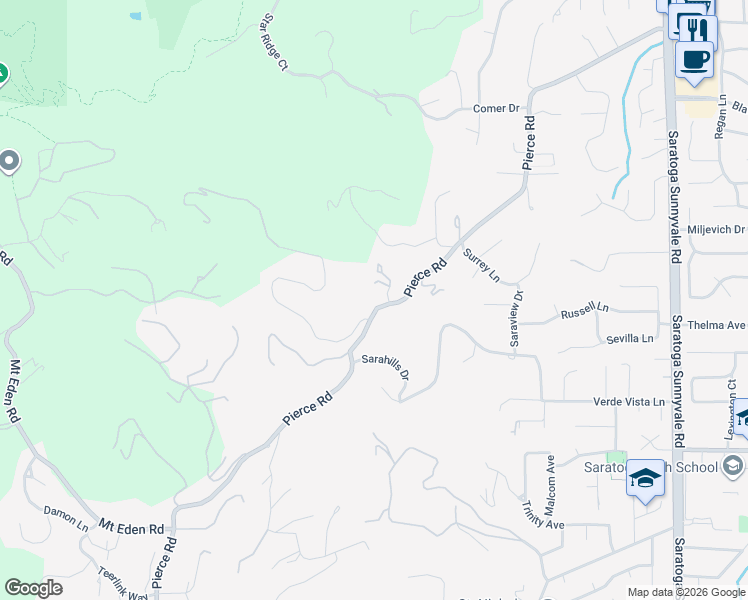 map of restaurants, bars, coffee shops, grocery stores, and more near 13471 Pierce Road in Saratoga