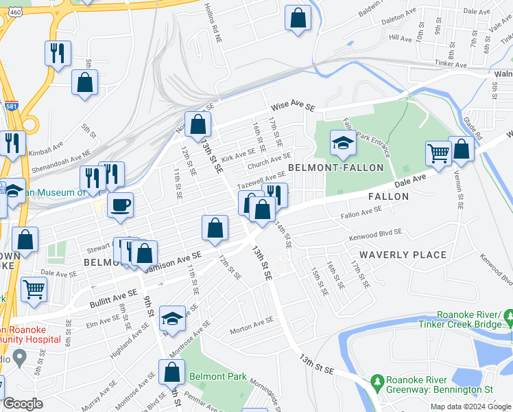 map of restaurants, bars, coffee shops, grocery stores, and more near 1314 Dale Avenue Southeast in Roanoke