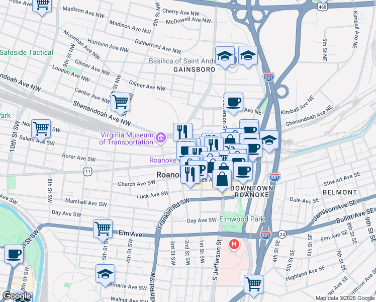 map of restaurants, bars, coffee shops, grocery stores, and more near 145 Campbell Avenue Southwest in Roanoke