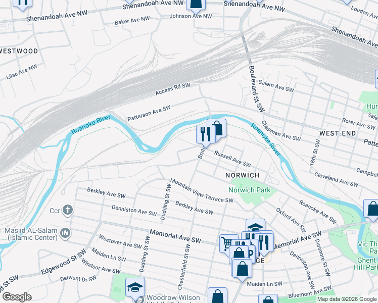 map of restaurants, bars, coffee shops, grocery stores, and more near 2400-2498 Roanoke Avenue Southwest in Roanoke