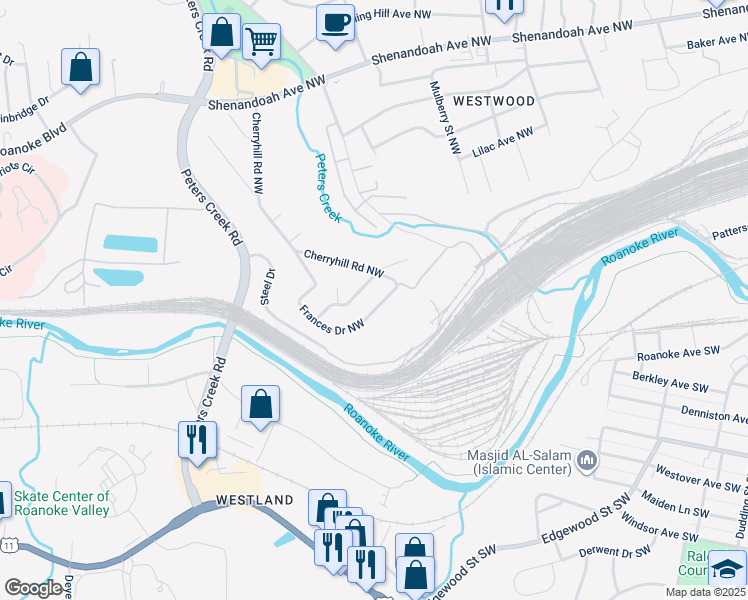 map of restaurants, bars, coffee shops, grocery stores, and more near 23 Frances Drive Northwest in Roanoke