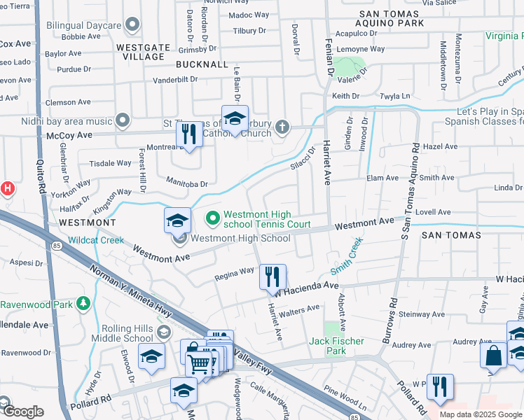 map of restaurants, bars, coffee shops, grocery stores, and more near 889 Ebbetts Drive in Campbell