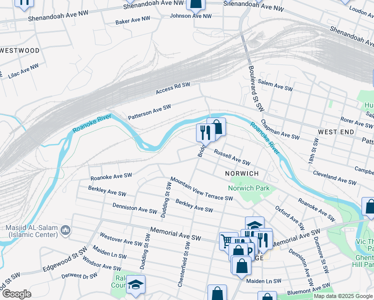 map of restaurants, bars, coffee shops, grocery stores, and more near 2424 Penn Street Southwest in Roanoke
