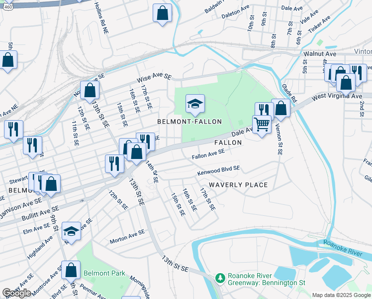 map of restaurants, bars, coffee shops, grocery stores, and more near 709 19th Street Southeast in Roanoke