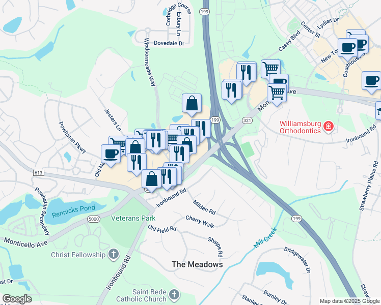 map of restaurants, bars, coffee shops, grocery stores, and more near 4950 Monticello Avenue in Williamsburg